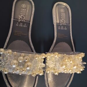 Ruche Pearl Embellished Women's Sandals - Cream